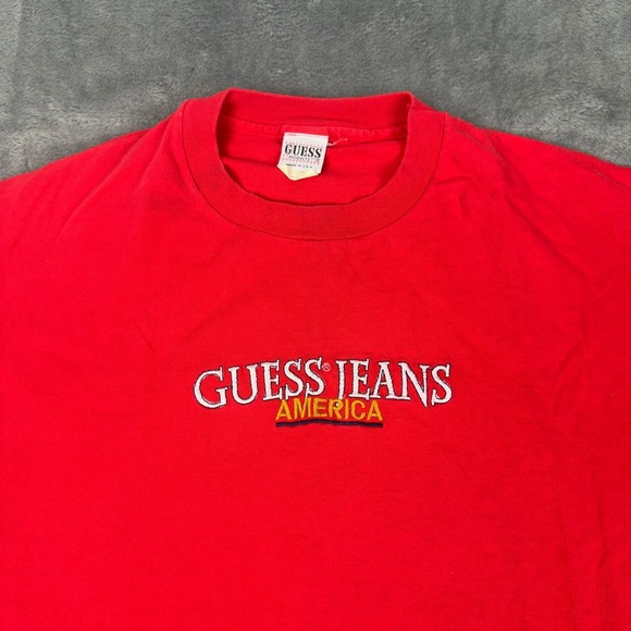 Vintage 90s GUESS JEANS Red T Shirt Mens Large Single Stitch Embroidered Logo - Picture 2 of 5